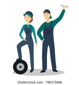 Isolated mechanic couple with wheel on white background.