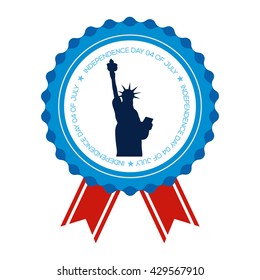 Isolated medal with text and a silhouette of the statue of liberty for independence day celebrations