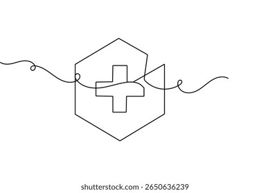 Isolated medical cross outline vector in continuous one line minimalist drawing for healthcare symbol
