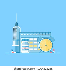 Isolated medical elements on a blue background: vaccine, clock, calendar, pills. Time to get vaccinated. Health care and treatment concept. Vaccination against coronavirus. Flat vector illustration.