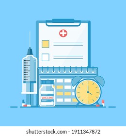 Isolated medical elements on a blue background: syringe, vaccine, calendar, clock, blank form, pills. Vaccination. Health care and treatment concept. Vaccination against coronavirus. Vector.