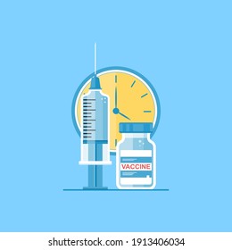 Isolated medical elements on a blue background: syringe, vaccine, watch. Time to get vaccinated. Health care and treatment concept. Vaccination against coronavirus. Flat vector illustration.