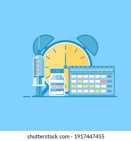 Isolated medical elements on a blue background: syringe, vaccine, clock, calendar. Time to get vaccinated. Health care and treatment concept. Vaccination against coronavirus. Flat vector illustration.