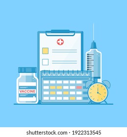 Elementos médicos aislados en un fondo azul: jeringa, vacuna, calendario, reloj, forma en blanco. Vacunación. Concepto de atención y tratamiento de la salud. Vacunación contra el coronavirus. Vector plano.