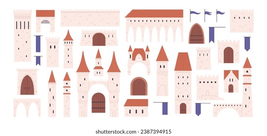 Isolated medieval castle constructor. Fortress, towers castles elements. Childish paper game, old architecture. Flags, gates racy vector clipart