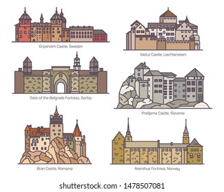 Isolated medieval castles of Europe. Gripsholm of Sweden, Vaduz of Liechtenstein, Gate of Belgrade fortress in Serbia, Predjama of Slovenia, Bran of Romania, Akershus of Norway. Architecture buildings