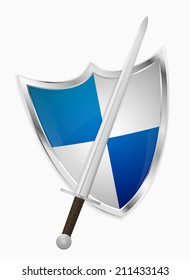 Isolated medieval sword and shield on light gray background