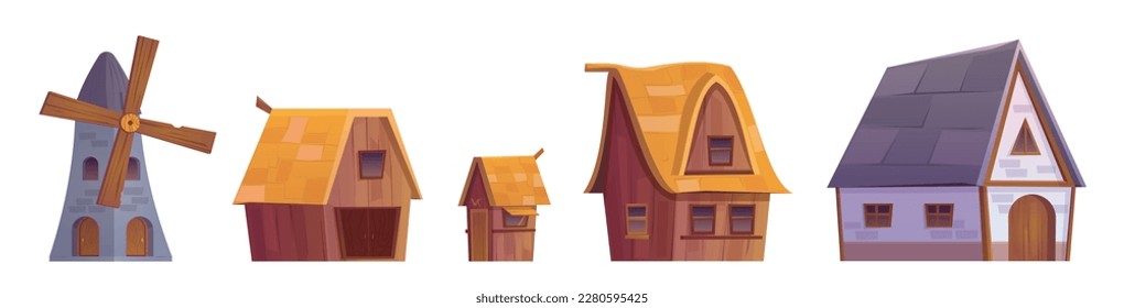 Isolated medieval village house, barn and mill vector set. Cartoon old brick building exterior with room for farm or countryside game illustration. Wooden windwill and suburban cottage facade clipart.