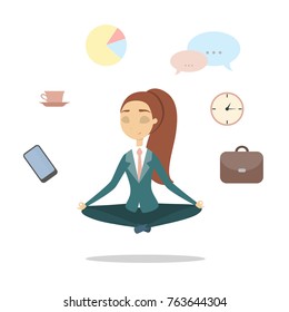 Isolated meditating businesswoman in lotus pose on white.