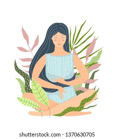 Einzigartiges Meditationsmädchen in Naturflaeche Design. Ruhe, Geist und Ruhe. Yoga und Meditation flache Illustration.