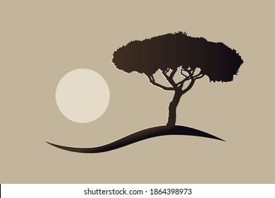 isolated mediterranean vector umbrella pine icon logo silhouette on a hill with the sun