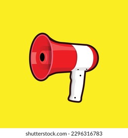 Ilustración portadora de megáfono aislada sobre fondo amarillo. Anuncio icono plano para la expresión, el anuncio, la promoción de negocios, la comunicación. Logo del vector del altavoz de color rojo.