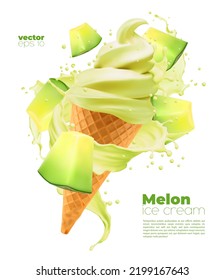 Isolated melon soft ice cream cone with fruit splash. Vector realistic icecream dessert in wafer cup with liquid sauce swirl, drops and fruit pieces. Cold dessert, sweet summer snack