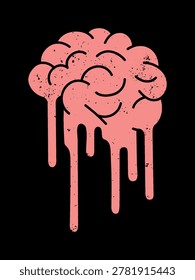 Isolated melting brain with grunge effect, brain rot concept, mental overload and cognitive decline, surreal illustration of a dissolving mind, digital dementia, attention erosion, modern mental fatigue.