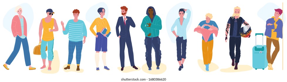 Isolated men cartoon characters, male fashion models, vector illustration. People dressed in different style, fashion clothes collection lifestyle. Businessman, student, traveler, father and biker