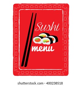 Isolated menu design with traditional textures, text, chopsticks and sushi