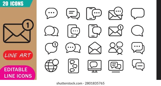 Isolated message chat icons set, 20 editable line art icons set, message chat, communication text conversation, notification sms contact, inbox messaging theme style, clean outline vector