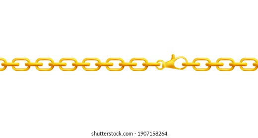 Isolated metal gold chain with realistic clasp - golden luxury jewelry in straight line. Thin cable style necklace or bracelet - vector illustration on white background.