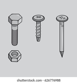 Isolated Metal Ware On Grey Background. Vector Bolt, Nut, Screw And Nail.