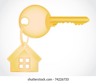 isolated metallic gold key from house - detailed realistic illustration