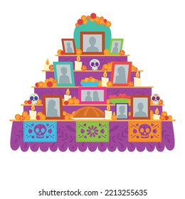 Isolated Mexican Altar With Skulls And Photos Vector Illustration