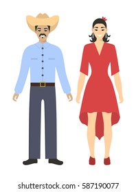 Isolated mexican couple on white background. Woman and man in traditional costumes in modern style.