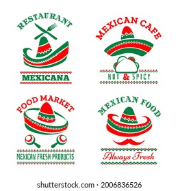 Isolated mexican restaurant logos. Mexcian nachos bar and traditional pepper mustache resturant food logo set, tortilla restauarants labels, soup tequila lime tortilla guacamole salsa