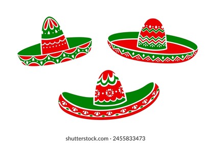 Isolated Mexican sombrero hats with ethnic ornament for holiday or fiesta, vector icons. Mexican culture, tradition and Latin decoration art symbols of sombrero hats for fiesta carnival or festival