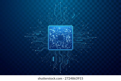 Isolated microchip with luminous wiring on a clear background. High-tech processor featuring glowing blue electronic pathways and intricate hardware details. Digital vector illustration.
