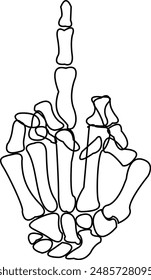 Signo de dedo medio aislado Mano esqueleto. Ilustración de moda, cómico, gótico, Halloween para pósters y estampados, pegatinas y tatuajes. Anatomía del Mal.