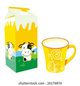 isolated milk carton box and colored mug