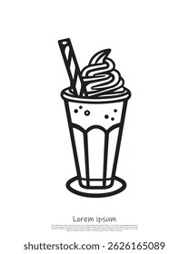 Exame de leite isolado com chantilly de espiral, bastões de wafer e detalhes transparentes. Um desenho de linha minimalista com um fundo transparente.