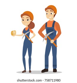 Isolated miners couple in unifrom with pickaxe on white background.