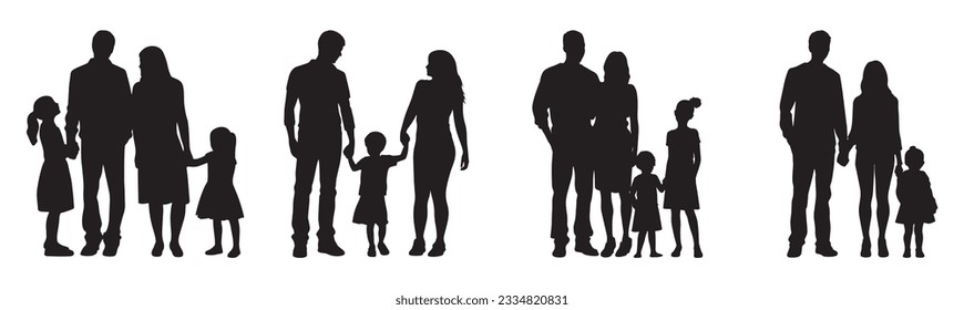 Isolated minimal black family silhouettes. Collection of family silhouettes on isolated background. Vector illustration