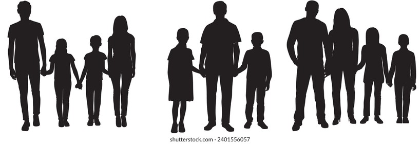 Isolated minimal black family silhouettes. Collection of family silhouettes on isolated background. Modern small family. Vector illustration