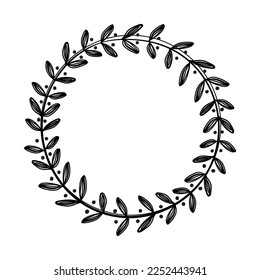 isolated minimal floral leaves wreath; black hand drawing simple doodle thin  lines in round circle shape element for frame, banner, background, card, label. illustration  vector design