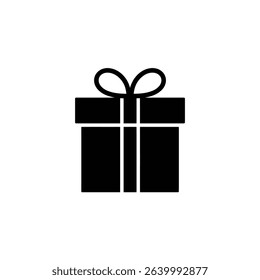Isolated minimalist black gift box icon illustration features a square present tied with ribbon. Suitable for holiday, birthday and party design projects.