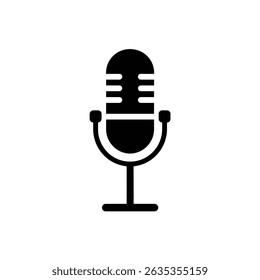 Isolated minimalist black microphone icon on a transparent backdrop. Professional recording tool for voice and broadcast applications.