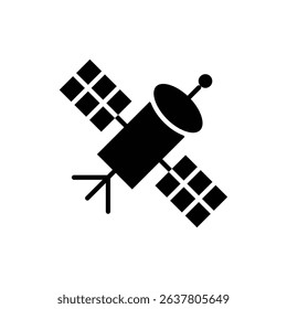 Isolated minimalist black satellite icon featuring rectangular solar panels and antenna extending from a central body, presented on a clean white background.