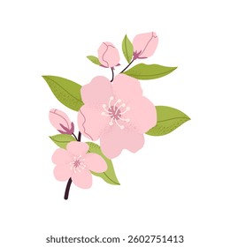 Isolated minimalist cherry blossom branch with buds, flowers and green leaves. Flat vector illustration. Grainy texture. Perfect for logos, branding and other design.
