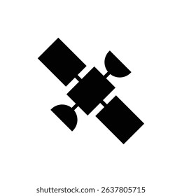 An isolated, minimalist graphic of a black satellite icon featuring rectangular solar panels and semicircular parabolic dishes, set against a clean white background.