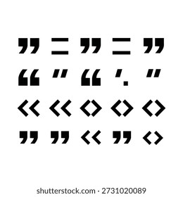 An isolated, minimalist graphic featuring a diverse collection of quotation mark symbols and punctuation styles. The image showcases various forms of quotation marks used internationally, including standard double quotes, single quotes, and guillemets (angle brackets), arranged in a grid-like pattern. The black symbols are presented on a white background, highlighting different typographic representations used in writing and graphic design across languages.