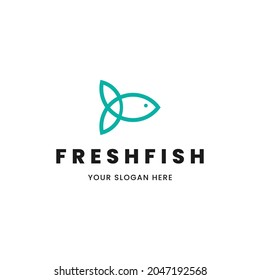 Imagen de perfil de monolina minimalista aislada del logo del pez azul. Logo para la pescadería o el restaurante.