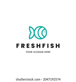 Imagen de perfil de monolina minimalista aislada del logo del pez azul. Logo para la pescadería o el restaurante.