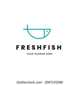 Isolated minimalist monoline outline image of blue fish logo. Logo for the fish shop or restaurant.