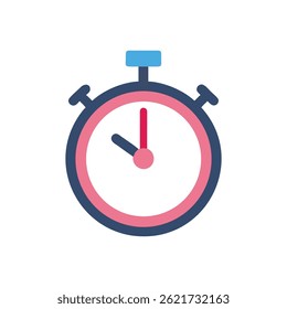 Isolated minimalist stopwatch illustration on White Background. Features flat style, with pink and blue outlining and red hands.