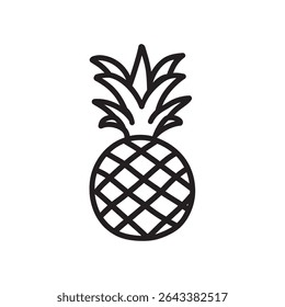 An isolated, minimalist vector features a pineapple outlined in black, showcasing the fruit’s crosshatched body and leafy top, set against a transparent backdrop.