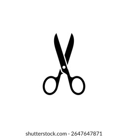 Uma ilustração isolada de vetor minimalista retrata uma silhueta de tesoura preta. Possui alças redondas e lâminas abertas, centralizadas em um fundo branco limpo.