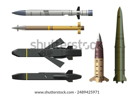 Isolated missile drawing. 3d industrial set of ballistic and cruise missile. Realistic strategic weapon art. War technology. Aircraft military bomb. Vector illustration