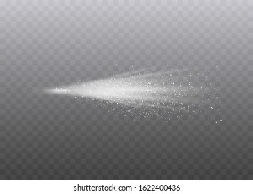 Isolated mist spray motion with sparkly particles on transparent background - realistic perfume or cosmetic product flow splatter - vector illustration.